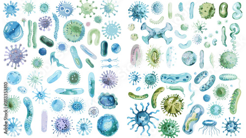 A watercolor illustration set of bacteria, viruses, and microorganisms in various shapes and colors, perfect for science education, biology design, medical themes, and microbiology artwork.