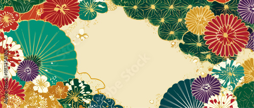 화려하고 다채로운 일본 전통 문양과 부채가 어우러진 배경 디자인