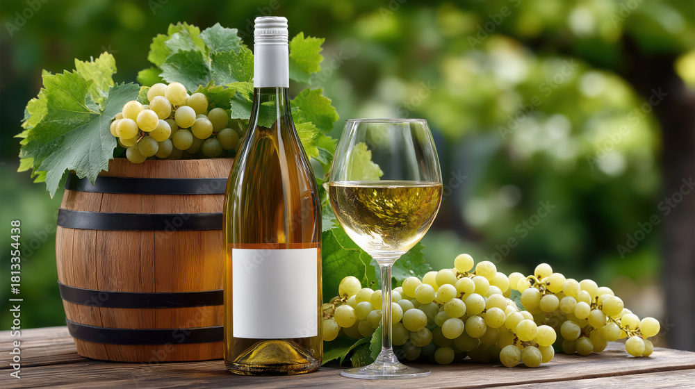 Fototapeta premium Bottle of white wine sits next to glass filled with wine, surrounded by fresh green grapes and wooden barrel, creating serene vineyard atmosphere