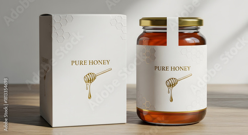 Wallpaper Mural Premium golden honey in a clear glass bottle with a minimalist white label and box packaging Torontodigital.ca