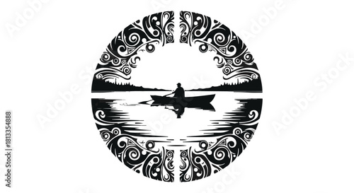Serene silhouette of a lone person paddling a canoe on a calm lake, framed by decorative natural elements.