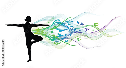 Silhouette of a woman in a yoga pose with colorful abstract energy flowing outwards.