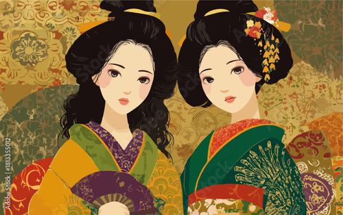 아름다운 전통 기모노를 입은 두 명의 일본 여성 초상화, 섬세한 패턴의 배경