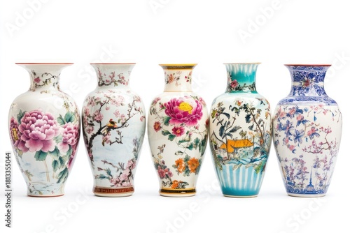 A collection of porcelain vases showcasing a variety of floral and animal motifs, with a focus on traditional Chinese design elements such as dragons and phoenixes.