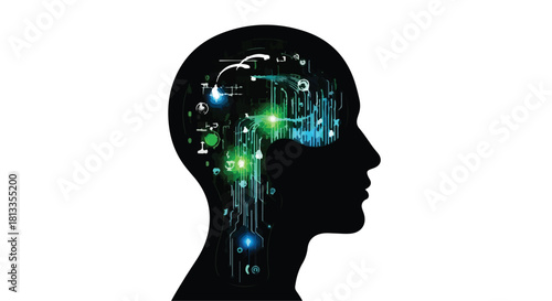 Silhouette of a human head with glowing digital connections and circuits representing artificial intelligence and innovation.