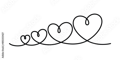 Continuous line art of four growing hearts, symbolizing love, connection, romance, and emotional growth on a clean white background