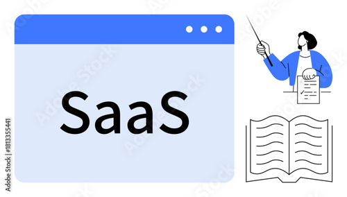 Browser window with SaaS text, educator pointing at data sheet, and open book. Ideal for technology, learning, software, education, SaaS presentation and innovation. Simple flat metaphor