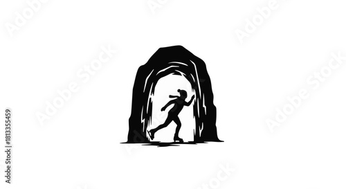 Silhouette of a person running out of a dark cave towards light, symbolizing hope and escape.