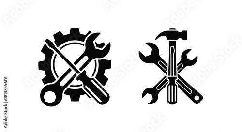 Tools and gears a black and white illustration of mechanical implements