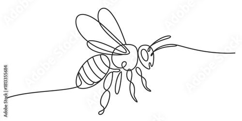 Elegant single continuous line art drawing of a flying bee, a minimalist vector illustration symbolizing nature, pollination, and ecology.