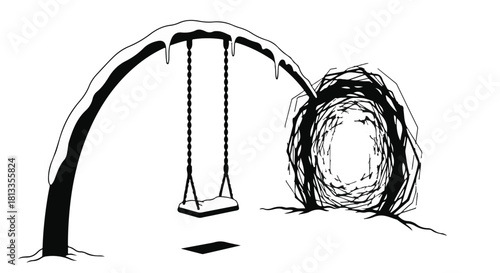 Lonely swing set covered in snow and ice, evoking a sense of winter solitude and childhood memories.