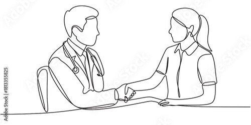 One continuous line drawing of a doctor with a stethoscope shaking hands with a female patient, symbolizing trust, care, and health consultation.