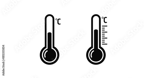 Two black thermometer icons displaying varying levels of temperature readings