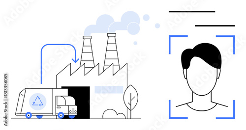 Factory emitting smoke, recycling truck, human face in recognition frame. Ideal for recycling, sustainability, waste management, technology, AI industry eco-friendly processes. Simple flat metaphor