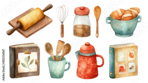 Charming Watercolor Kitchen Utensils and Accessories for Cozy Cooking Scenes