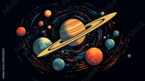 Fototapeta Naklejka Na Ścianę i Meble -  Flat vector illustration of space exploration with astronaut floating, rocket ship, satellites and planets, dark starry background