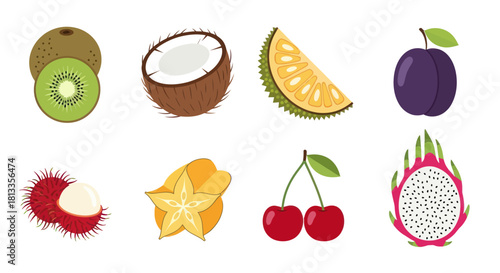 Assortment of fresh fruits kiwi coconut durian plum cherries carambola dragon fruit