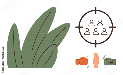 Group in a target icon, green leaves, boxing gloves with raised hand. Ideal for teamwork, conflict resolution, focus, decision-making, leadership problem-solving strategy. Simple flat metaphor