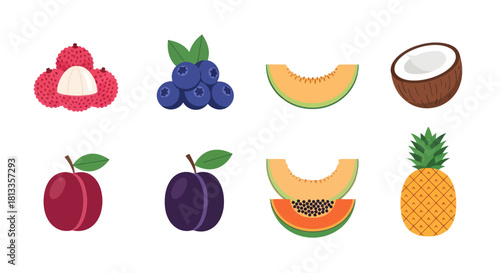 Assortment of fresh fruits lychee blueberry melon coconut plum papaya pineapple