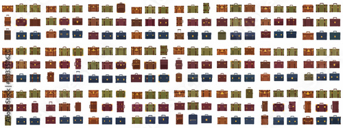 Seamless pattern of flat design vintage suitcases, briefcases, and travel bags, featuring various colors and styles for travel and business concepts.