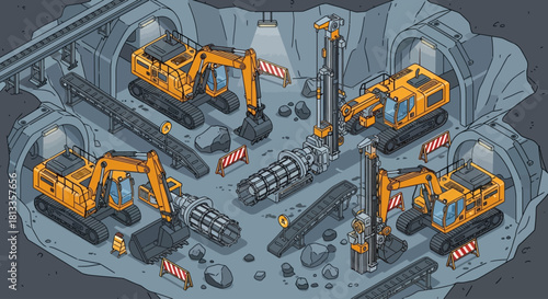 Isometric futuristic underground mining facility illustrated in clean blueprint style. Includes advanced excavators, automated drilling units, robotic arms