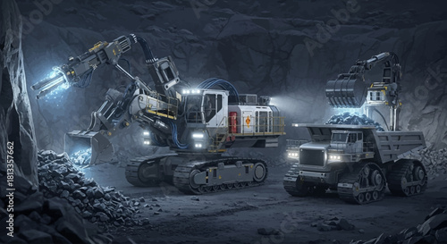 Isometric Heavy Construction Machinery in Futuristic Underground Mining Scene – Vector Illustration
