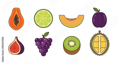 Assortment of fresh fruits papaya lime melon plum fig grapes kiwi durian
