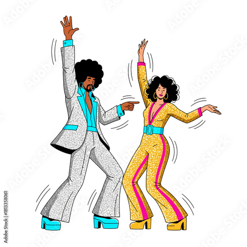 Groovy character illustration with a man and woman showcasing enthusiastic disco moves in their stylish retro vintage attire from the 70s era, exuding joy and vibrant energy on the dance floor