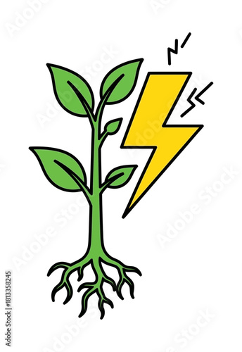 Plant with lightning isolated on, representing energy, growth, and environmental impact