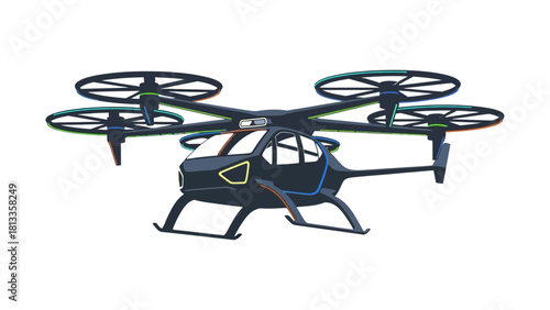 Illustration of a flying car with four rotors, a futuristic vehicle, isolated on