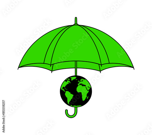 Green umbrella protecting the earth isolated on, symbolizing environmental protection and safety