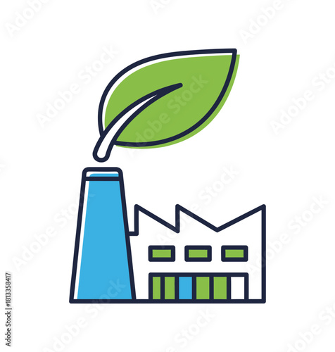 Green leaf on top of a factory, representing ecofriendly industry isolated on