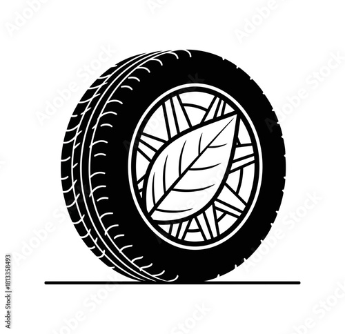 Illustration of a tire with a leaf inside, representing ecofriendly tires isolated on