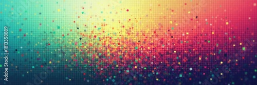 Gradient background presents a vibrant spectrum of colors, featuring pixelated squares of multiple hues, producing a visually stimulating effect across the image and creating a sense of depth.