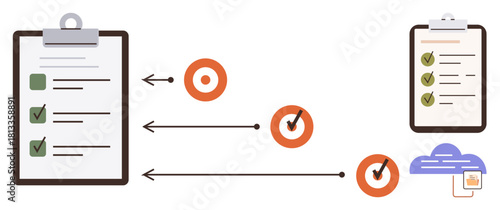 Checklists on clipboards, goal markers with arrows, and cloud data storage. Ideal for productivity, planning, task management, goal setting, project workflow organization business strategy. Simple