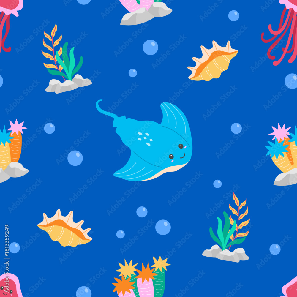 Obraz premium Flat cute sea animals seamless pattern illustration