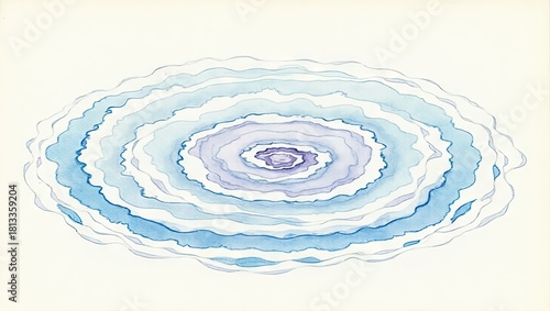 Concentric watercolor rings create a tranquil, ethereal composition, featuring cool blue and purple hues that evoke a sense of depth and fluidity, suggesting water ripples on a neutral, off-white...