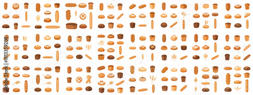 Seamless pattern background of various stylized bread icons, including loaves, baguettes, challah, and wheat stalks, representing bakery products and food.