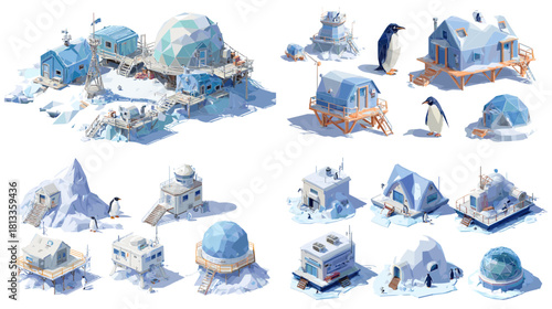 A detailed illustration set of snowy arctic research bases with domes, cabins, ice shelters, and penguins, showing remote polar exploration structures. Perfect for winter themes and science design.