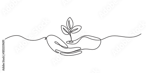 Continuous line drawing of human hands gently cradling a young plant sprout, symbolizing nature's growth, care, and environmental protection.