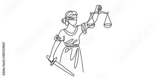 Continuous line drawing of blindfolded lady justice holding scales of justice and sword, symbolizing fairness and legal impartiality on white