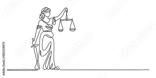 Continuous one line drawing of lady justice with blindfold, scales and sword, symbolizing law, equality, and impartial judgment