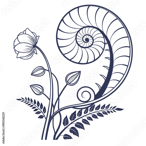 Dark Blue Outline Of A Fern Frond With Flower And Buds swirl spiral