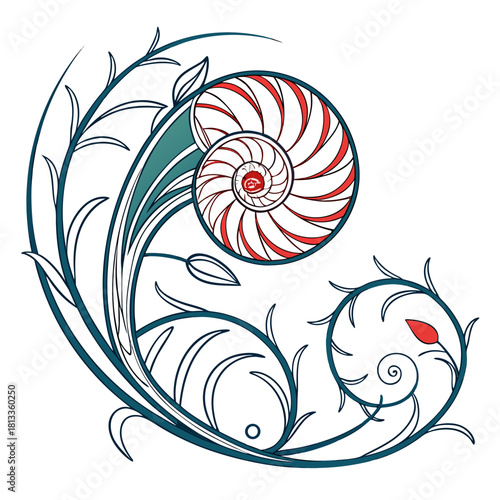Stylized Swirl Plant With Nautilus Shell And Red Accents floral vine