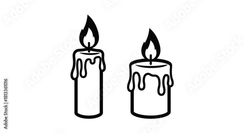 Simple black and white illustration of two lit dripping wax candles
