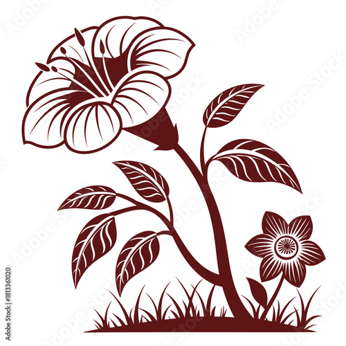 Stylized maroon flower with leaves and grass on a white background illustration outline