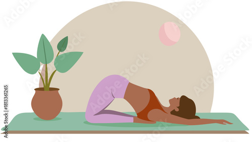 Woman practicing yoga in a peaceful indoor setting with a plant