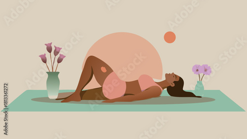 Woman in pink yoga bra and shorts relaxing on a mat with flowers