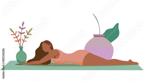 Woman relaxing on a yoga mat with decorative plants and vase
