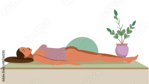 Woman relaxing on a massage table with a plant nearby